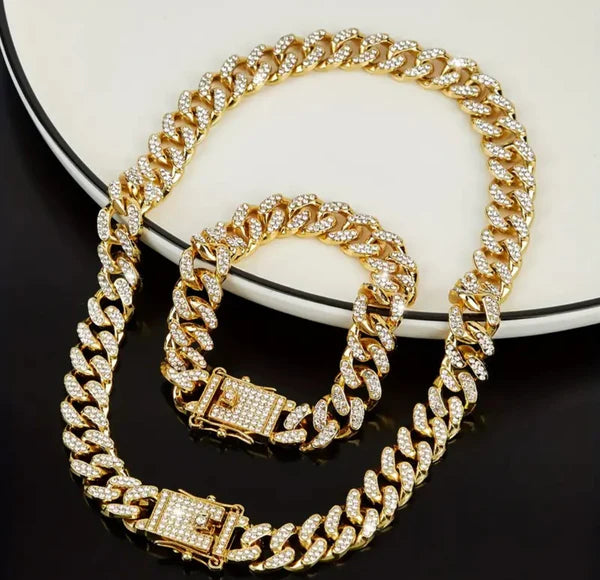 13mm Golden Iced Out Miami Cuban Neck Chain And Bracelet Set