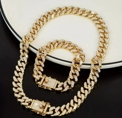 13mm Golden Iced Out Miami Cuban Neck Chain And Bracelet Set